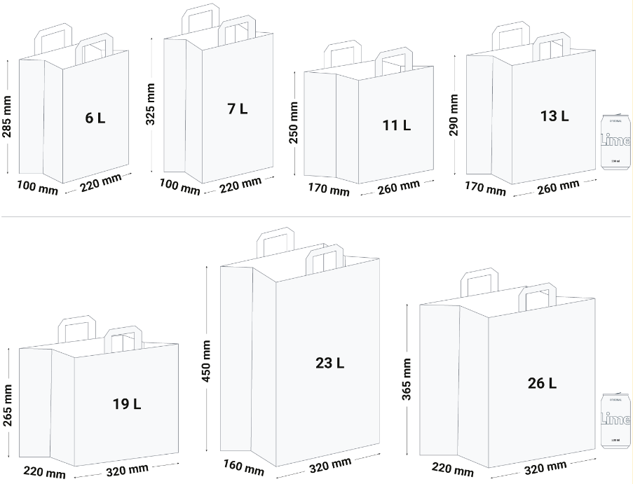 Illustration showing various sizes of takeaway bags ranging from 6L to 26L, with dimensions and a comparison to a standard drink can for scale.